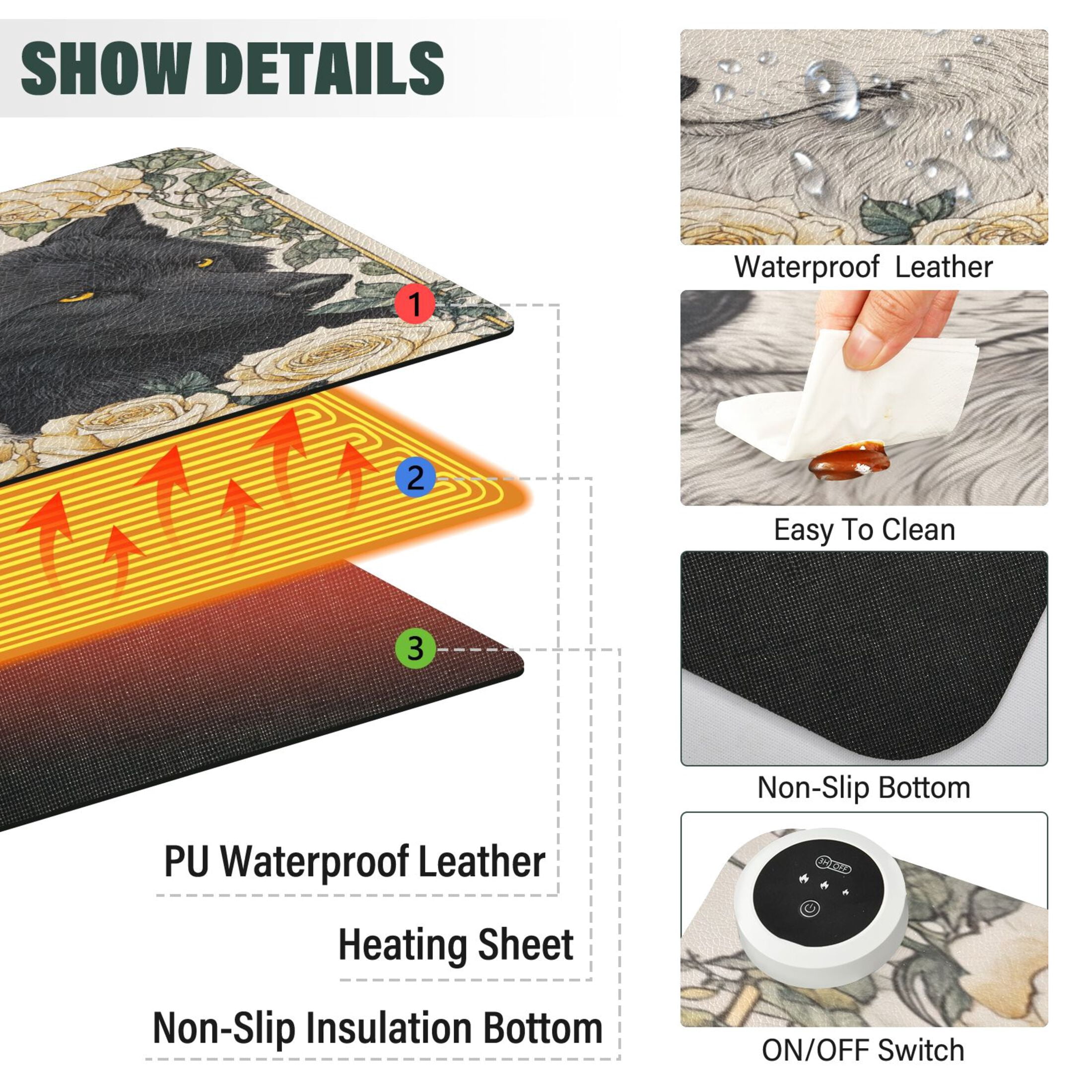 Large Heated Desk Mat Mouse Pad 31.5"x13"PU Leather Graphene Heating Desk Warmer with 3 Temperature Settings 110V US Plug Non-Slip Warm Pad for Home, Office, and Gaming Two Black and White Wolves