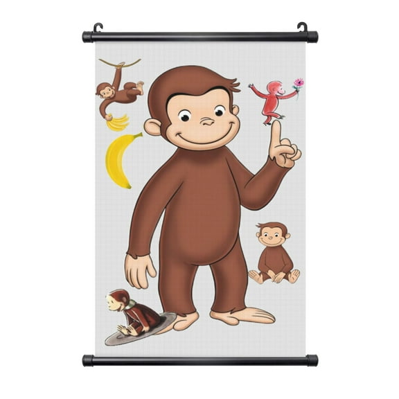 Curious George Poster Plastic Shaft Wall Hanging Banner Painting Canvas Artwork Wall Art Scroll Hanger Decor For Home Office 16"X24"