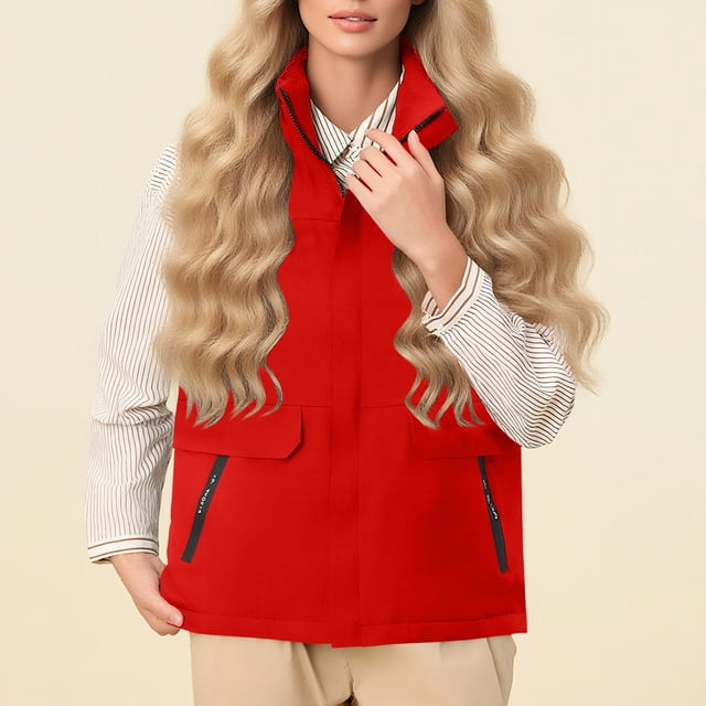 Pisexur Veste d'Hiver pour Femmes Légère Doudoune Confortable Sans Manches Cardigan à Fermeture Éclair Imperméable avec Poche Rouge, 4TG