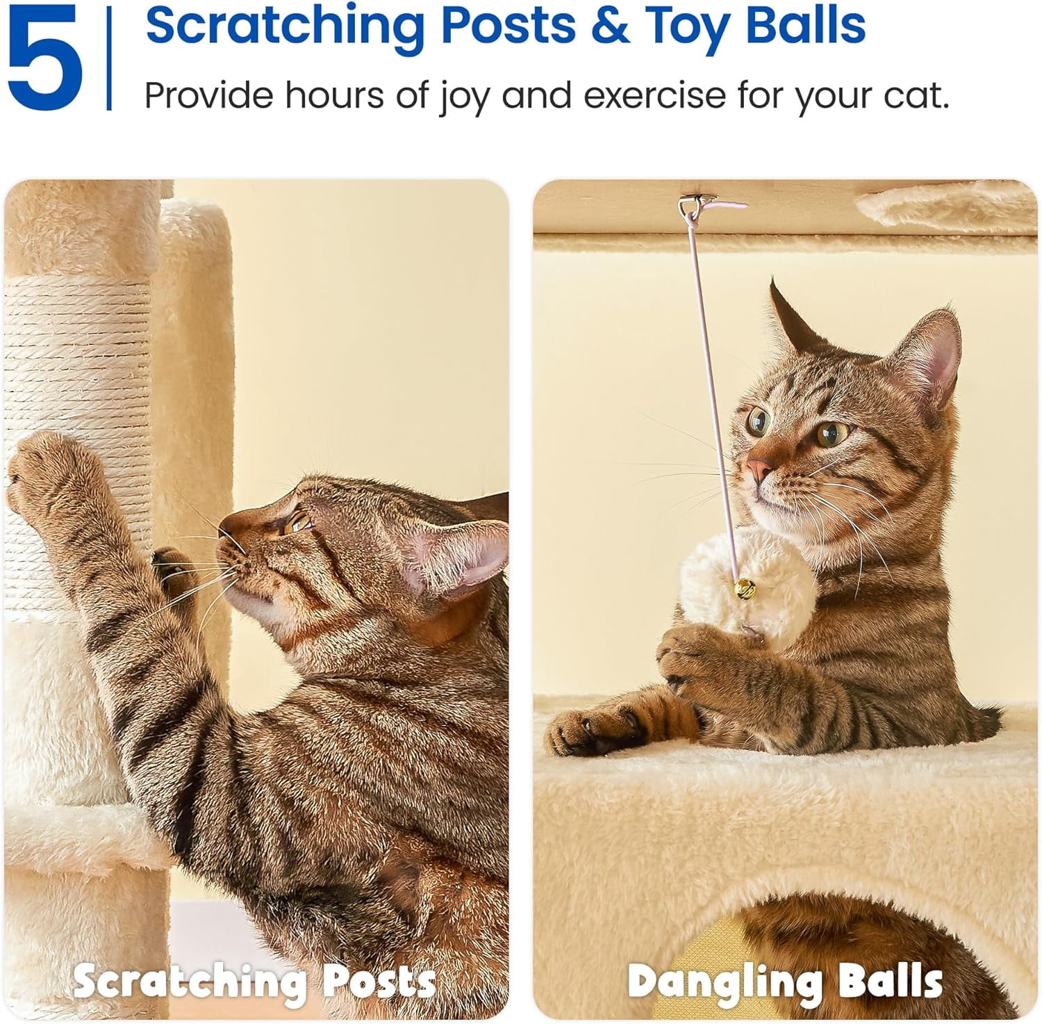 WSWJY Large Cat Tree, 67.7-Inch Tall Tower for Indoor Cats With 2 Condos, Multi-Level Stand With 3 Hammocks, Wide Perch, Scratching Posts, Dangling Toys, Beige