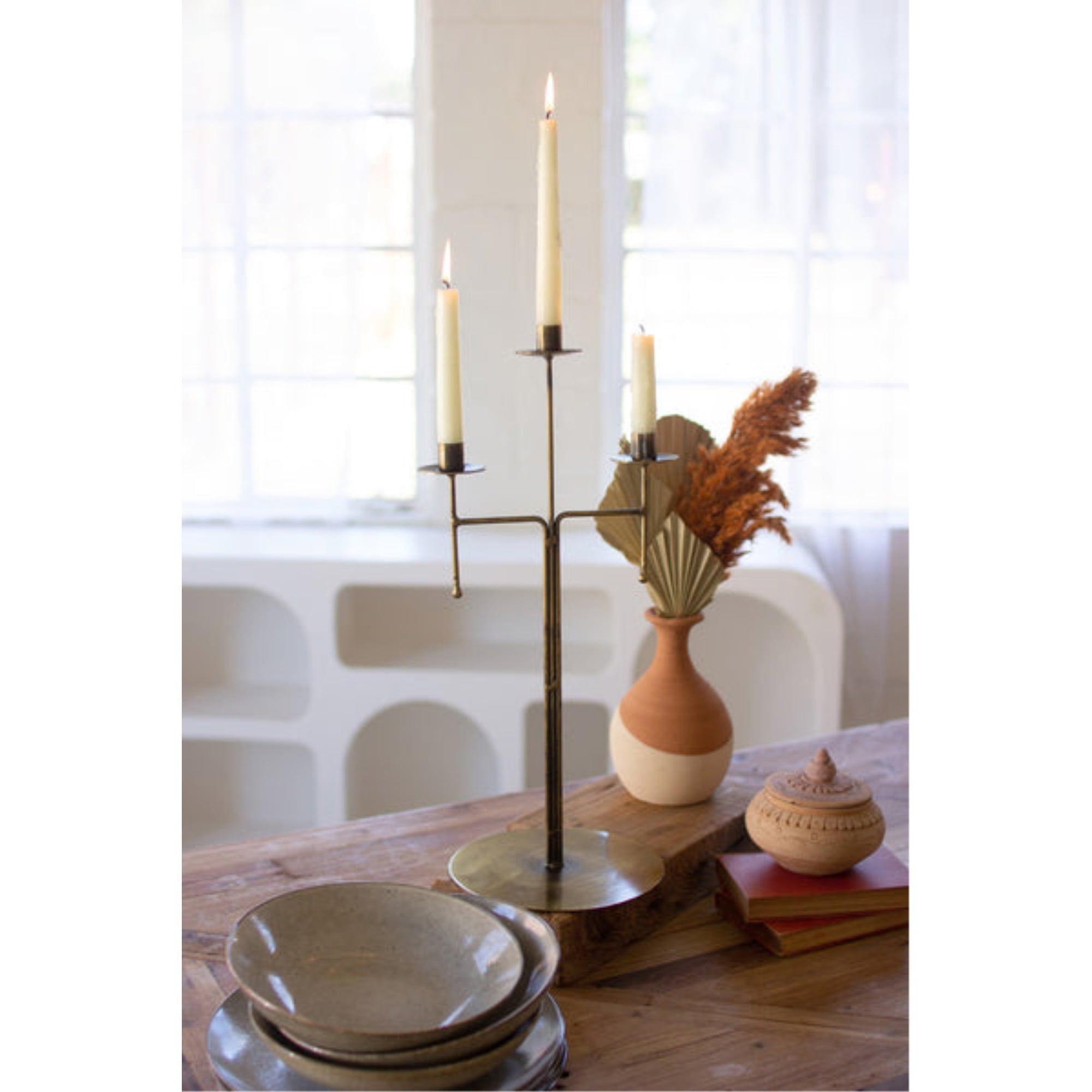 Antique Brass Tabletop Candelabra W 3 Taper Candle Holders