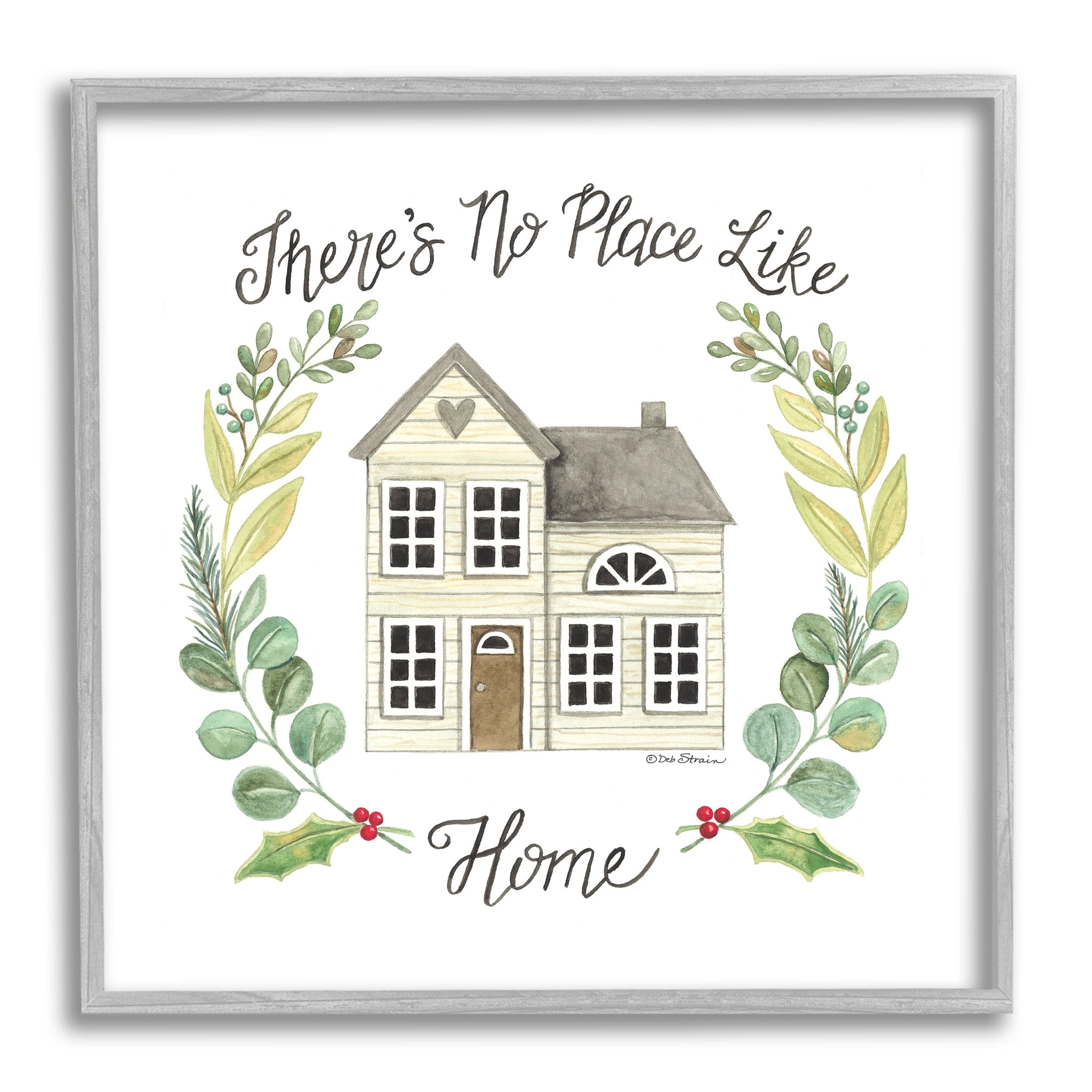 Stupell Industries No Place Like Home Casual House Leaf Laurel Graphic Art Gray Framed Art Print Wall Art, Design by Deb Strain