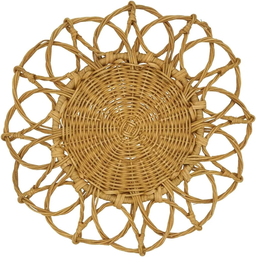 Fennco Styles Hand Twisted Rattan Placemat 15" Round, 1- Piece - Caramel Boho Flower Table Mat Heat Resistant Insulation for Home, Boho Décor, Dining Table, Banquets, Special Events