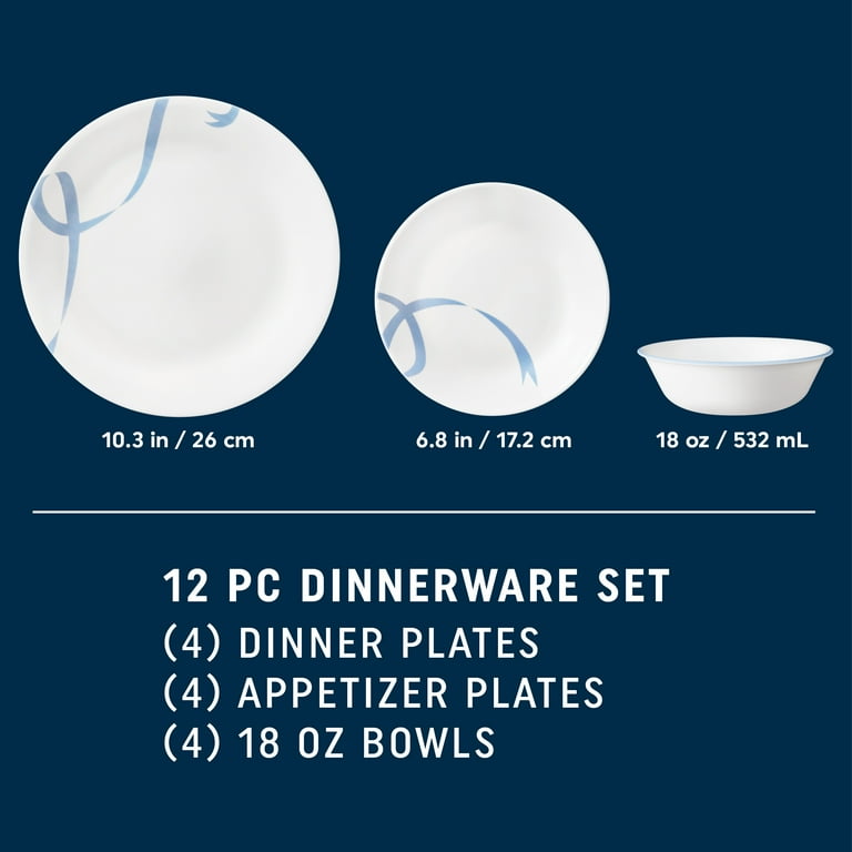 Corelle Blue Ribbons 12-Piece Glass Dinnerware Set (Service for 4