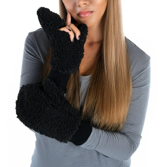 Funky Junque Women’s Faux Fur Sherpa Mittens – Plush Fleece Lined Convertible Fingerless Gloves with Finger Flap & Texting Thumb Hole, Super Soft Warm - Sherpa Black