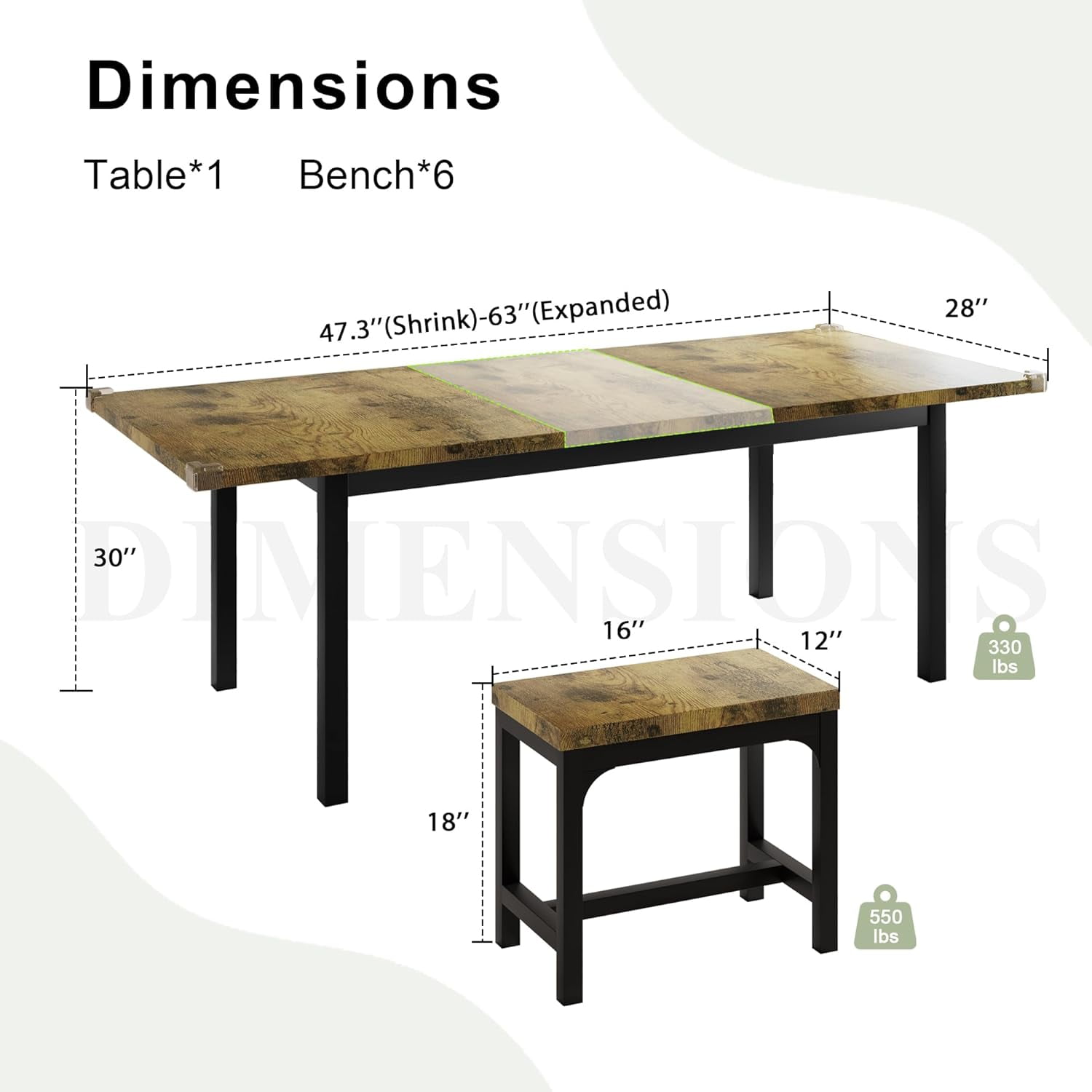 iPormis Dining Table Set, 7Piece Extendable Table from 63" Large Extendable Kitchen Table Set for 48(图3)