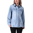 thumbnail image 4 of Chaqueta de mezclilla de mujer de gran tamaño con dobladillo deshilachado y botones, con bolsillos, color azul claro, talla M, 4 of 6