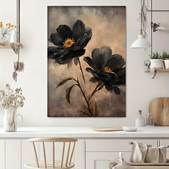 Dark Black Peony Floral Canvas Wall Art, Moody Vintage Flower Oil Painting, Neutral Beige Botanical Wall Decor