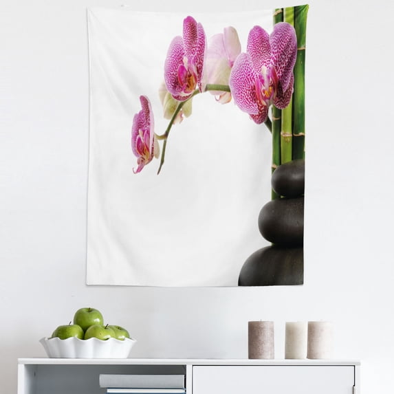 Spa Tapestry, Spa Stones Orchid and Bamboo Stems Yoga Image, Fabric Wall Hanging Decor for Bedroom Living Room Dorm, 5 Sizes, Fuchsia Green Grey, by Ambesonne