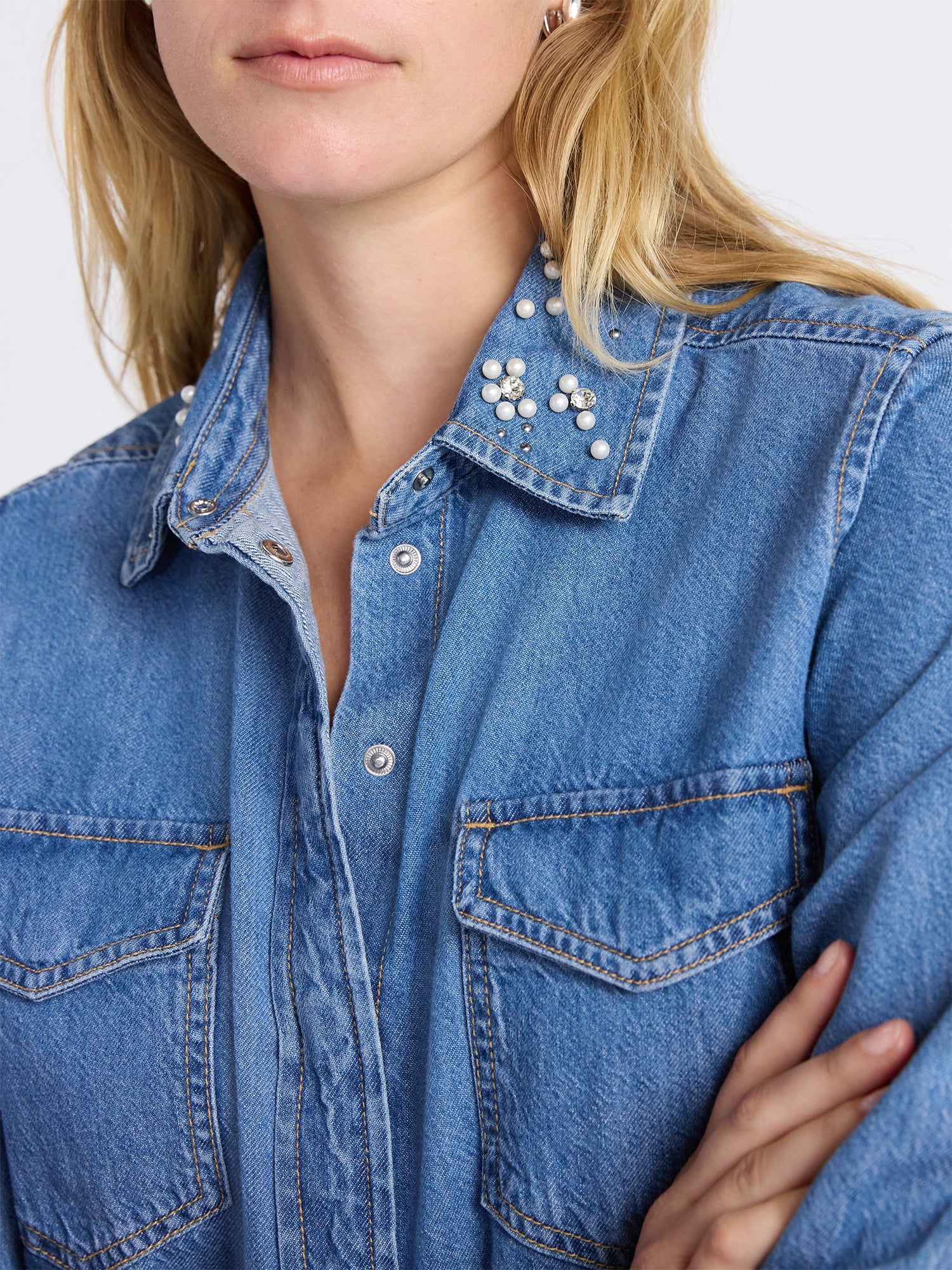 Free Assembly Women's Embellished Denim Shirt with Long Sleeves, Sizes XS-XXXL