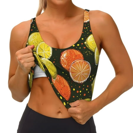Qokaie Orange Lemon Pattern Womens Scoop Neck Sports Bra Breathable Workout Vest Padded U Back Medium Impact Fitness Gym Yoga Bra Workout Crop Top