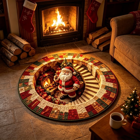 Optical Illusion Christmas Rug, Round Santa Claus Visual Effect Doormat, Non Slip Holiday Floor Mat for Entryway Living Room, 60cm Winter Carpet, 23.62x23.62 inch