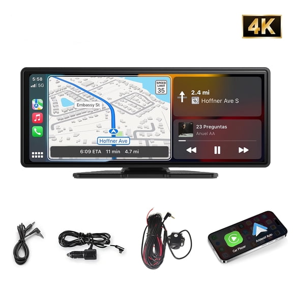 10.26" Portable Wireless Carplay Screen for Apple Car&Android Auto Display with Solely C6-4K Dash Cam, 1080P Backup Camera, GPS, Siri, Googel, Mirror Link, Aux, Wireless Touchscreen, Without Battery