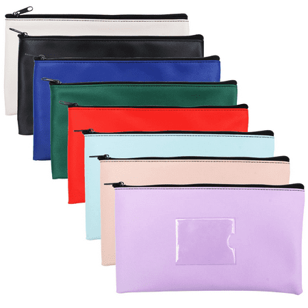 Plutput 8pcs Security Bank Deposit Bag, 8 Colors Leatherette Assorted Money Bags Zipper Pouch Organizer Bags with Clear Window