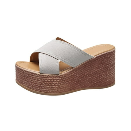OJSFQUFP Women Shoes Casual Women s Fashion Leather Platform Wedge Sandals for Outdoor Beach Sandals Soft Sole Outdoor Beach Shoes Women Slippers White 41