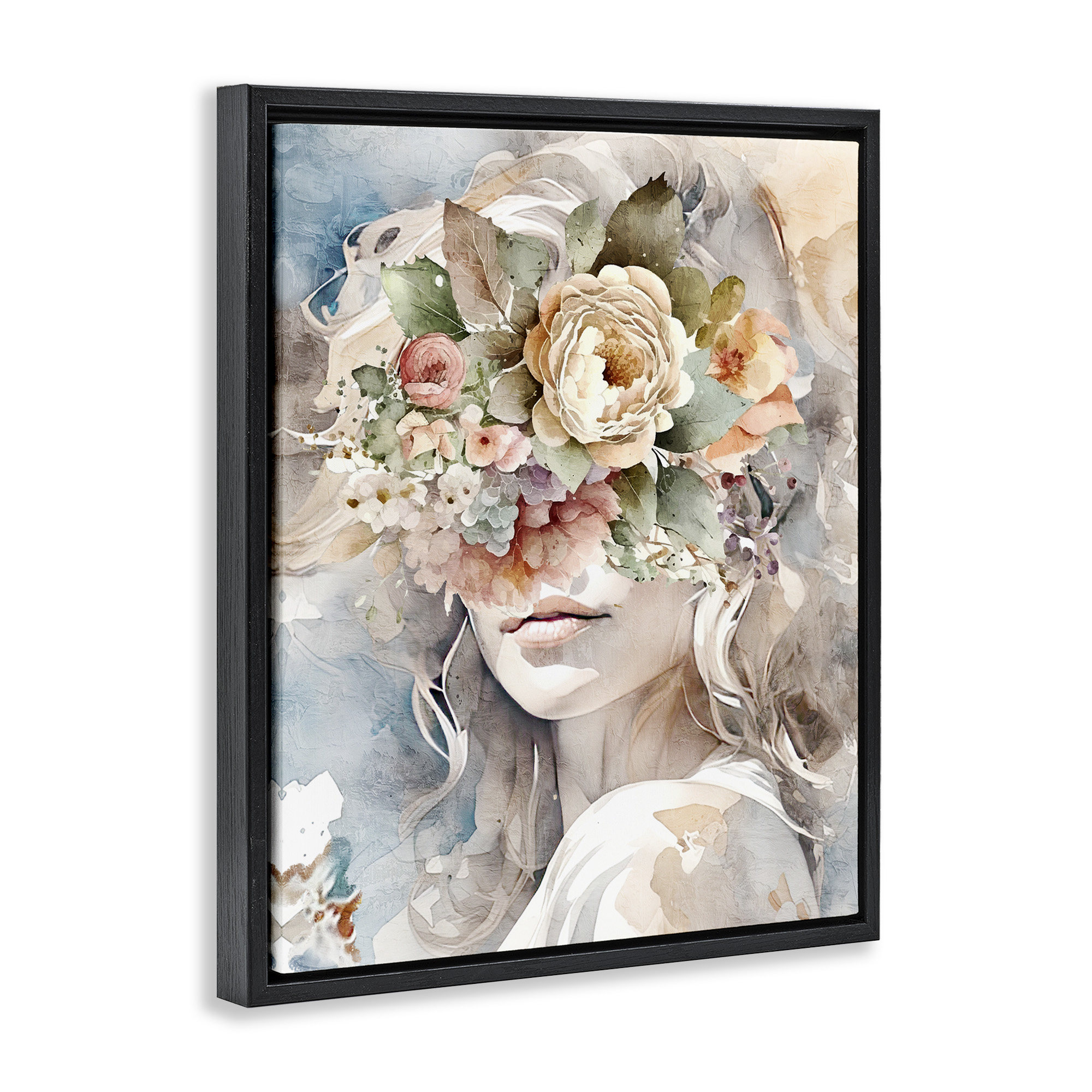 Stupell Industries Floral Portrait of Girl Botanical & Floral Painting Black Floater Framed Canvas Art Print Wall Art, 17 x 21