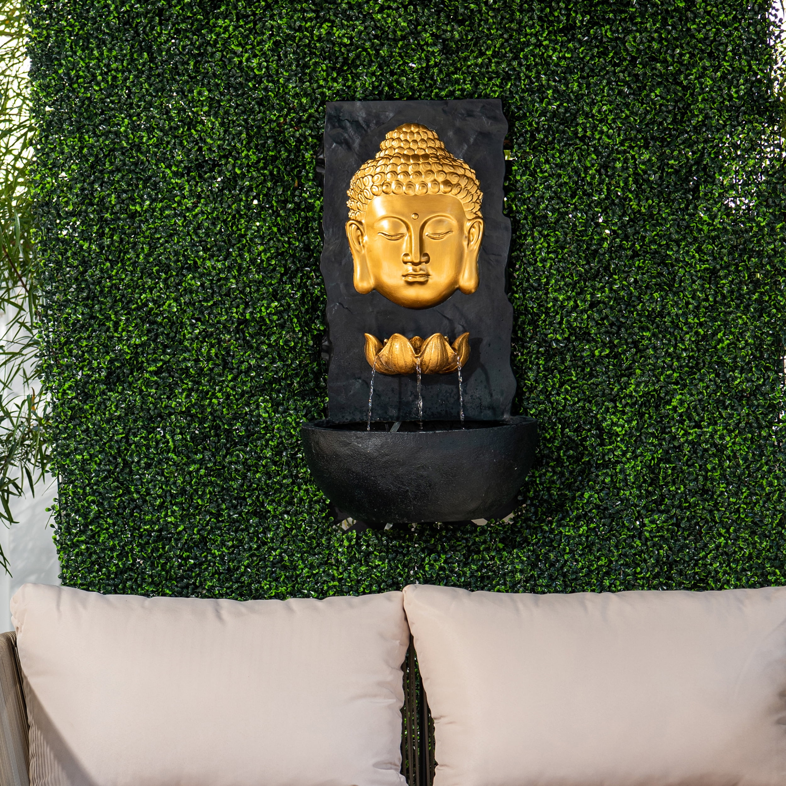 XBrand 30 in H Fiber Resin Wall Buddha Zen Outdoor Garden Water Fountain w/ warm LED Light, Gold