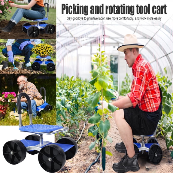 Tereitr Rolling Garden Seat with Wheels, Adjustable Height Folding Garden Stool Cart with Storage Space, Stool for Gardening