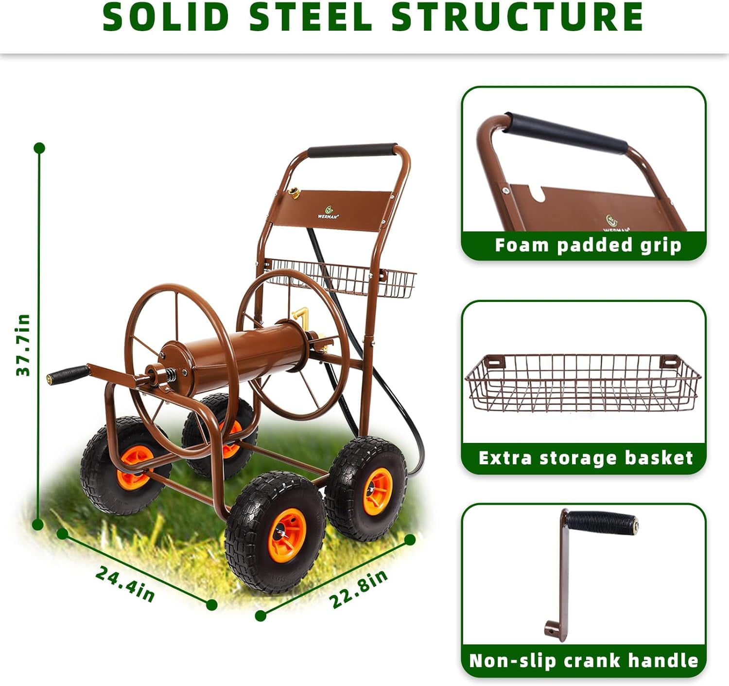 WERHAM 4-Wheel Garden Hose Reel Cart, Holds 300 ft 5/8" Hose, Heavy Duty for Yard Lawn Outdoor