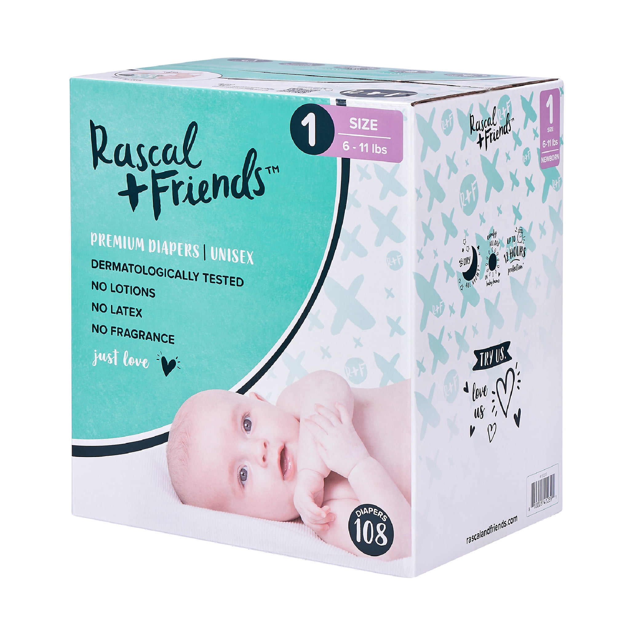 Rascal + Friends Premium Diapers, Size 1, 108 Count – Sidesv