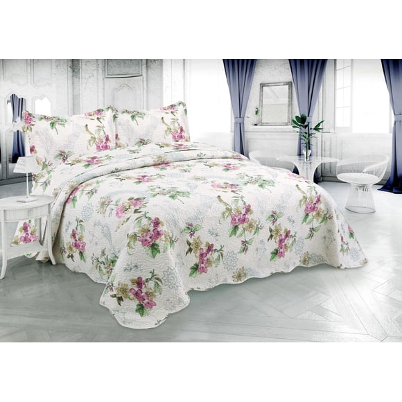 Marina Decoration Rich Printed Embossed Pinsonic Coverlet Bedspread Ultra Soft Bedding Summer Quilt Set with Shams, Purple Violet Floral Mandala Pattern