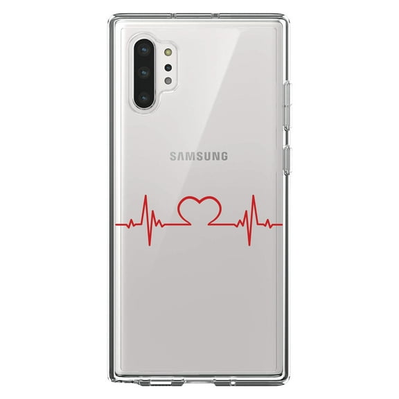 DistinctInk Clear Shockproof Hybrid Case for Galaxy Note 10 PLUS (6.8" Screen) - TPU Bumper Acrylic Back Tempered Glass Screen Protector - Heart Pulse EKG Red Valentine