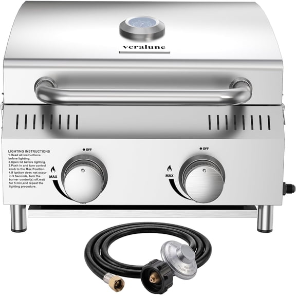 Tabletop Propane Grill, 2-Burner Portable Gas Grill with Locking Lid, Stainless Steel, 212 sq in Cooking Surface, 20,000 BTU
