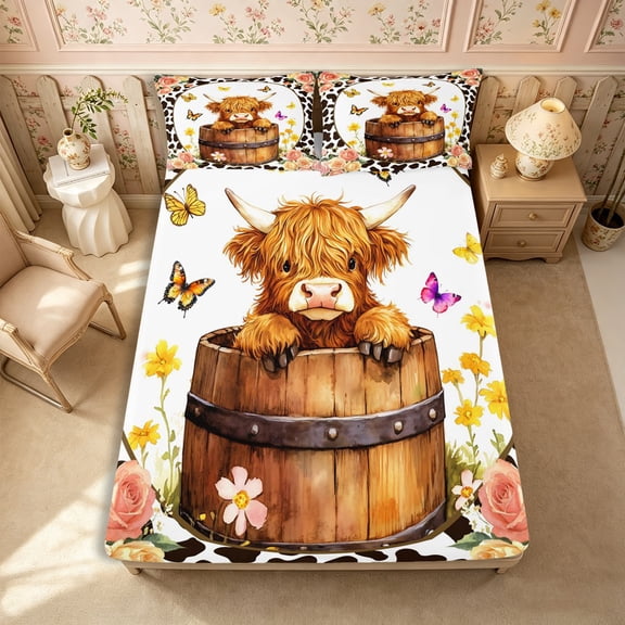 Manfei Cute Floral Highland Cattle Fitted Sheet Full 3 Pieces,Cow Print Bed Set,White Brown,1 Fitted Sheet and 2 Pillowcases