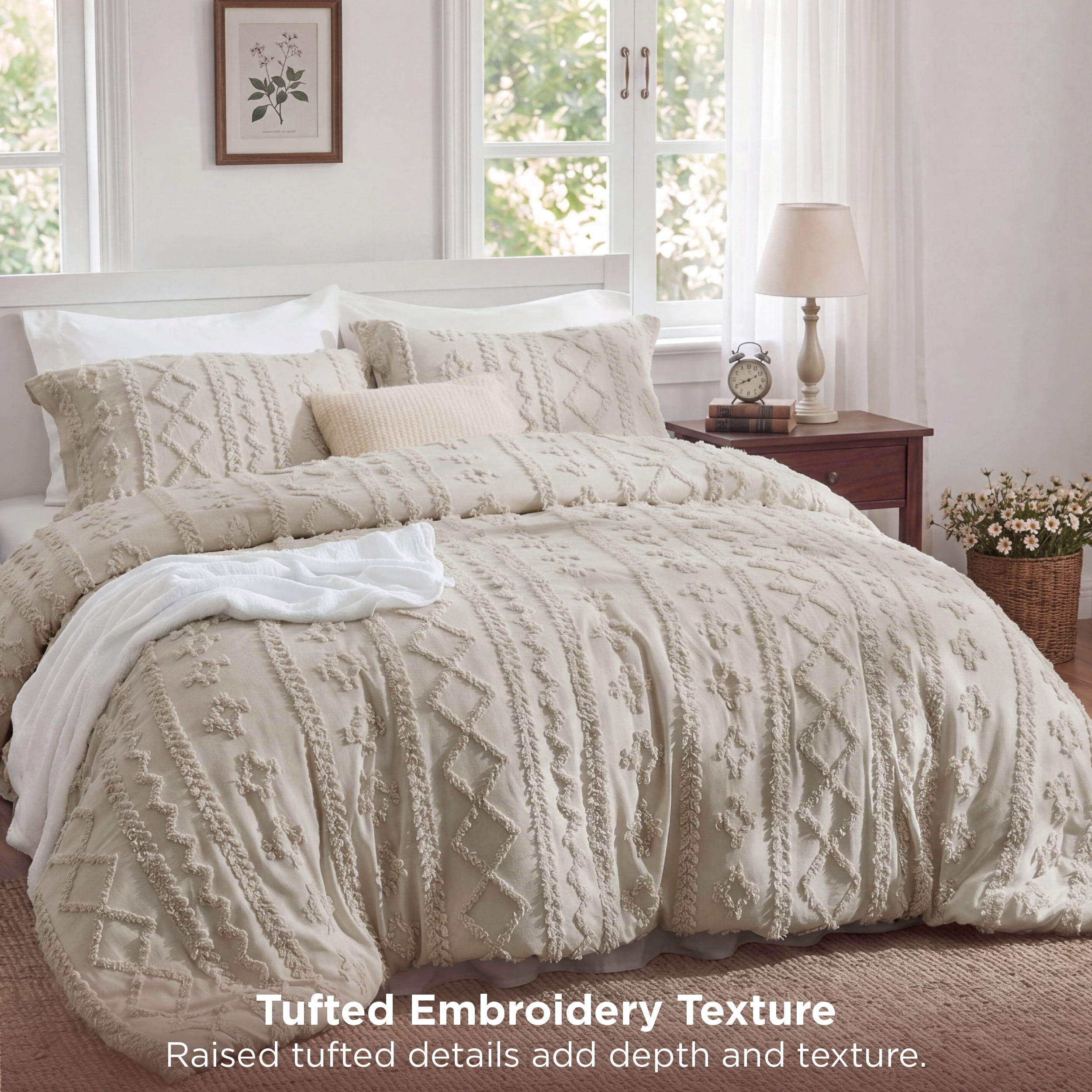 U by Bedsure Queen Tufted Boho Comforter Set, 3 Pieces Farmhouse Shabby Chic Embroidery Linen Bedding Set, Soft Jacquard Comforter for All Seasons, Natural