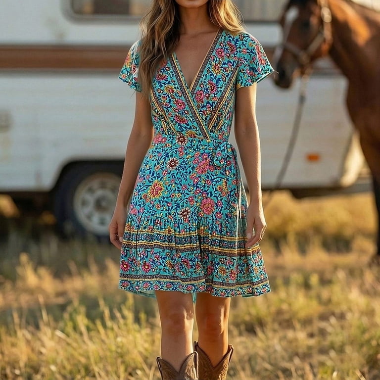 short sleeve boho mini dress Xiaocha Summer Boho Mini Dress for Women Vintage Floral Print V Neck Flutter Short Sleeve Wrap Waist Vacation Dresses, Women's, Size: XL, Green