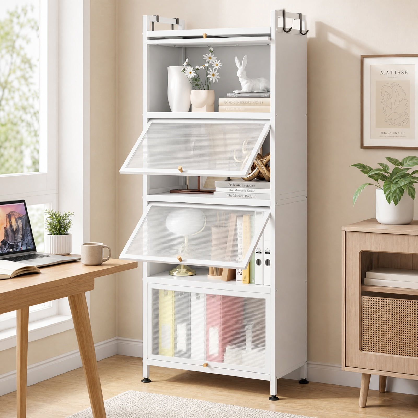 RUIE 5-Tier Kitchen Baker's Rack with Flip-up PC Doors, Rolling Storage Cabinet Pantry Organizer with Universal Wheels and Removable Hooks, White