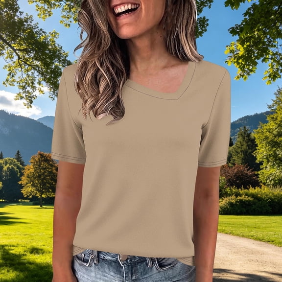 Yrmaups Loose Fit Short Sleeve T Shirt for Women, Casual Crewneck Top, Soft Stretch Tee for Travel Office Home Daily Wear, Khaki M