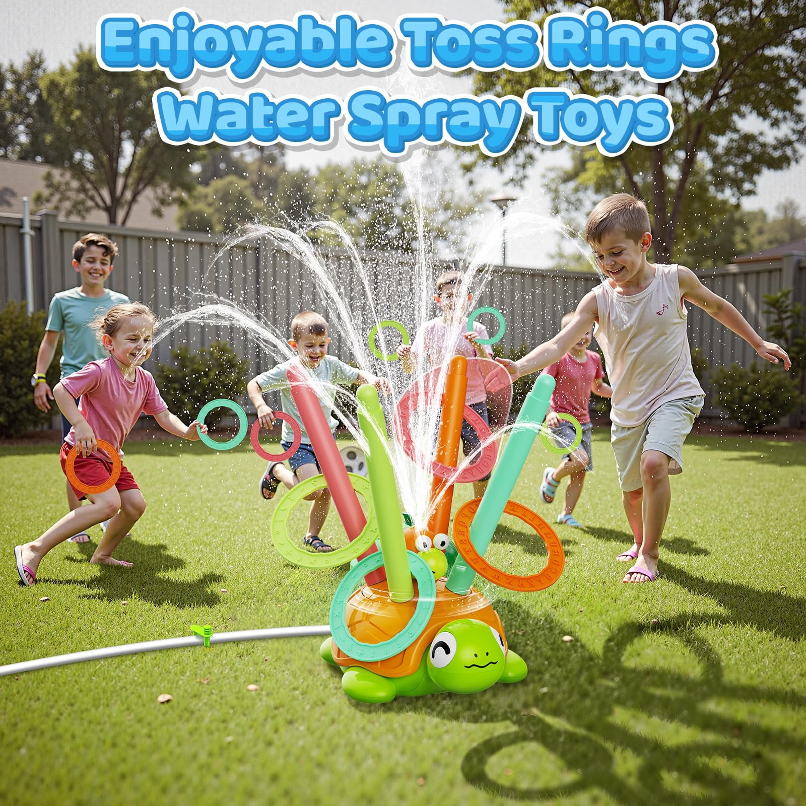 JoyStone 4-in-1 Turtle Water Sprinkler Toys for Kids, Water Spray Game with Baseball & Ring Toss, Summer Outdoor Toy for Toddlers Boys Girls Gifts