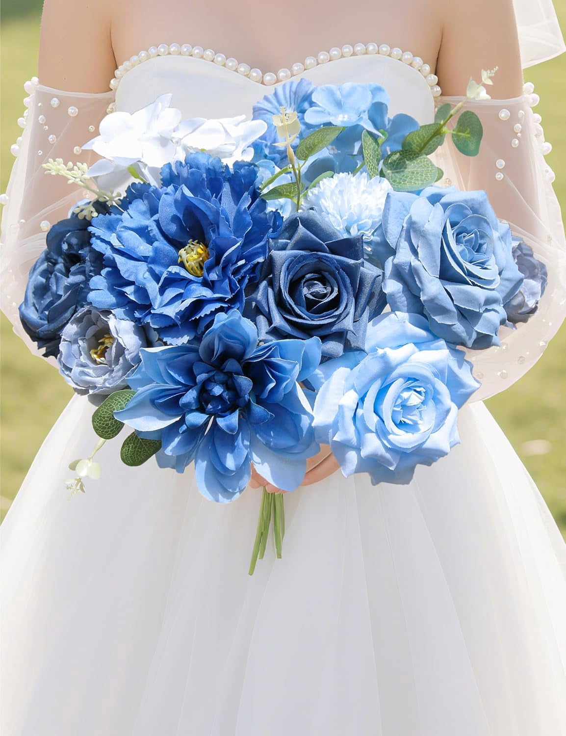 Artificial Flowers for Home Decorations: Blue Silk Fake Flowers Bulk Boxed Set, Peony Roses Bouquets with Stems for Table Centerpiece, DIY Wedding, Bridal Shower, Graduation Cap & Tea Party