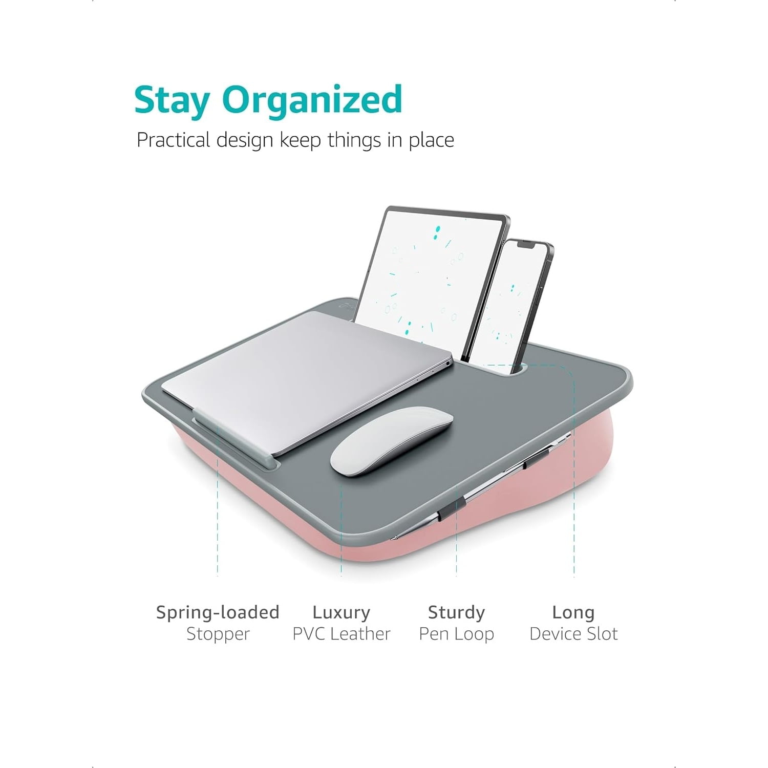 Lap Desk | Portable Laptop Desk & Stand – Fits Up to 17 inch – Washable Cushion, Built-in Phone Holder – for Bed, Couch, Sofa, Floor – Writing, Reading, Home Office – Large, Pink