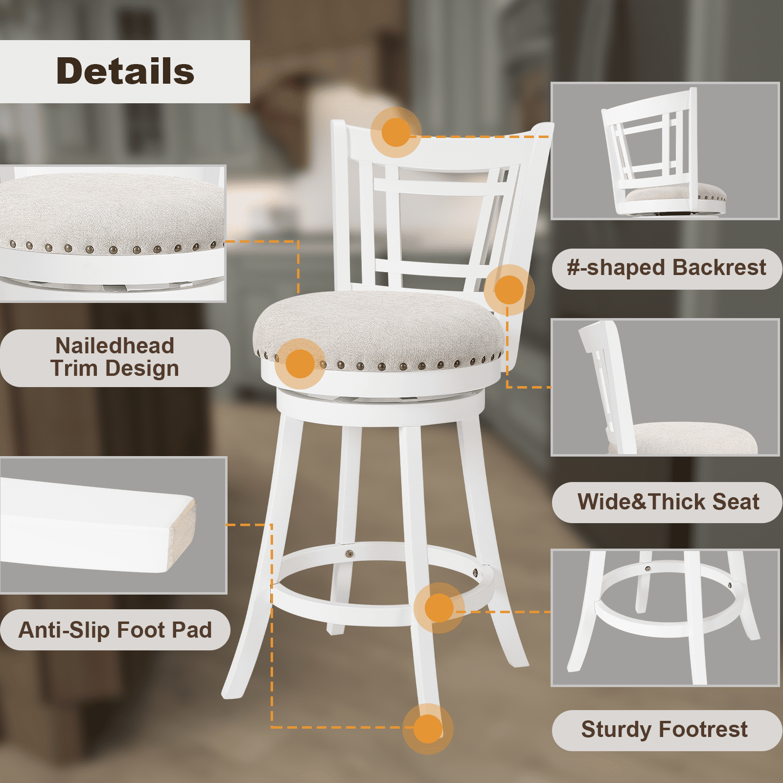 26 Inch Swivel Bar Stools Set of 2 Rotated Counter Height Barstool with High Back Fabric Upholstered Kitchen Island Stools Chair for Home Bar, Black