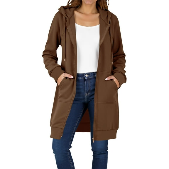 SuTry Women's Solid Color Winter Casual Long Sleeve Hooded Long Sweater with Thickening Fleece and Zipper Suitable for Chilly Days(Brown,2XL)