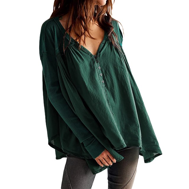 SUNSIOM Women Long Sleeve T-Shirts Solid Color V-Neck Buttons Casual Shirts Spring Fall Fashion Irregular Loose Tunic Tops