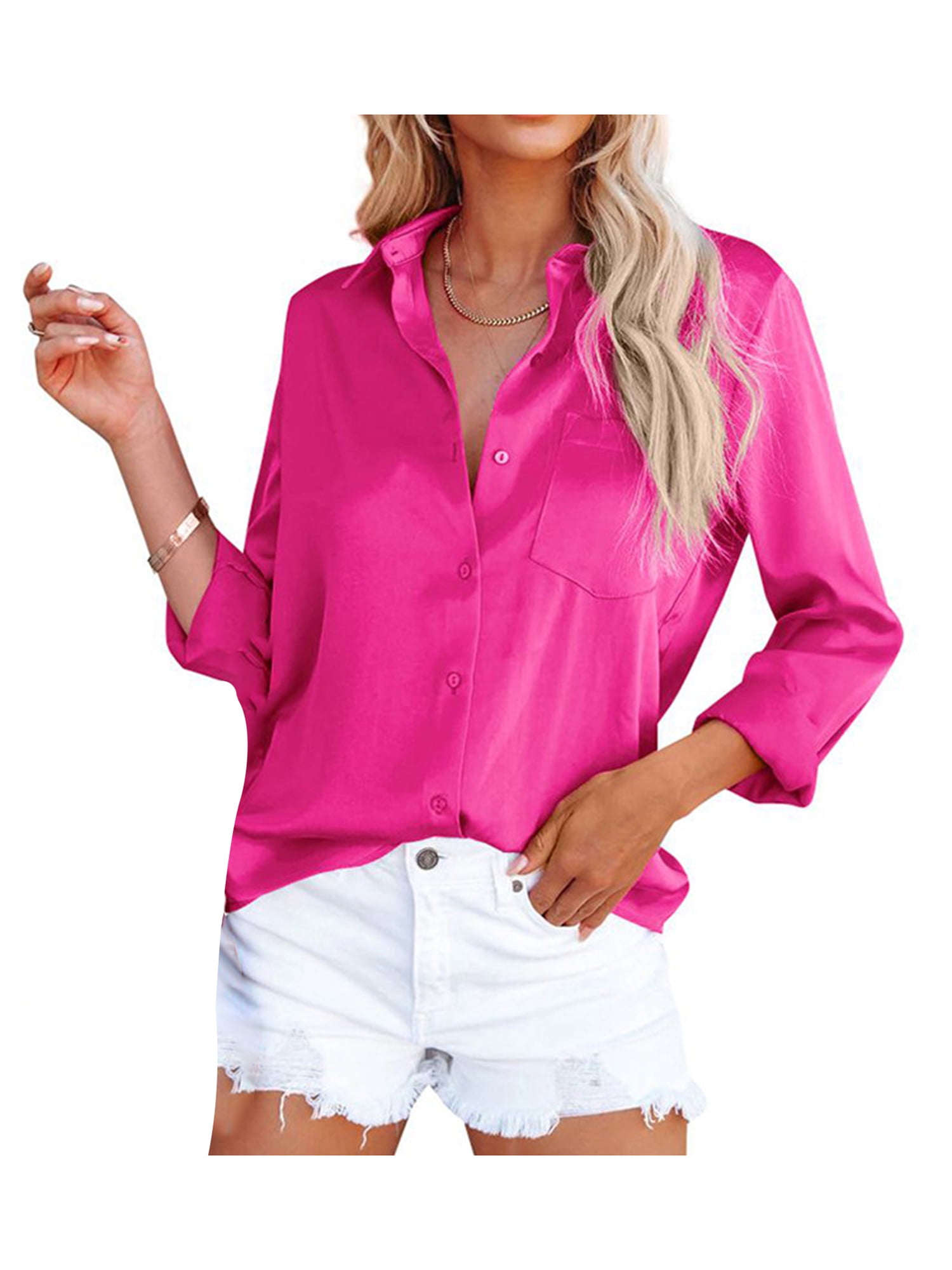 wdehow Women Button Down Satin Shirts, Long Sleeve Lapel Solid Color