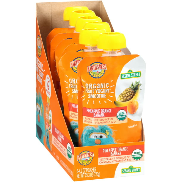 (6 Pack) Earth's Best Organic Sesame Street, Pineapple Orange and Banana Toddler Fruit Yogurt
