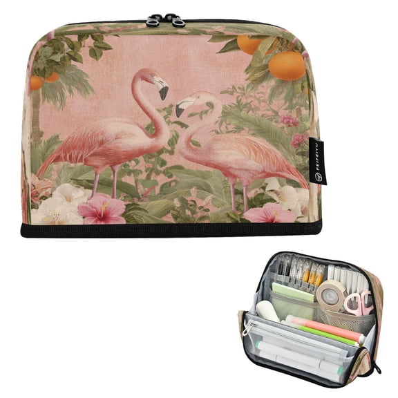 Standing Pencil Case with Base Large Capacity Stationery Pouch Pen Bag with Zipper for Women Men Flamingos in Tropical Garden