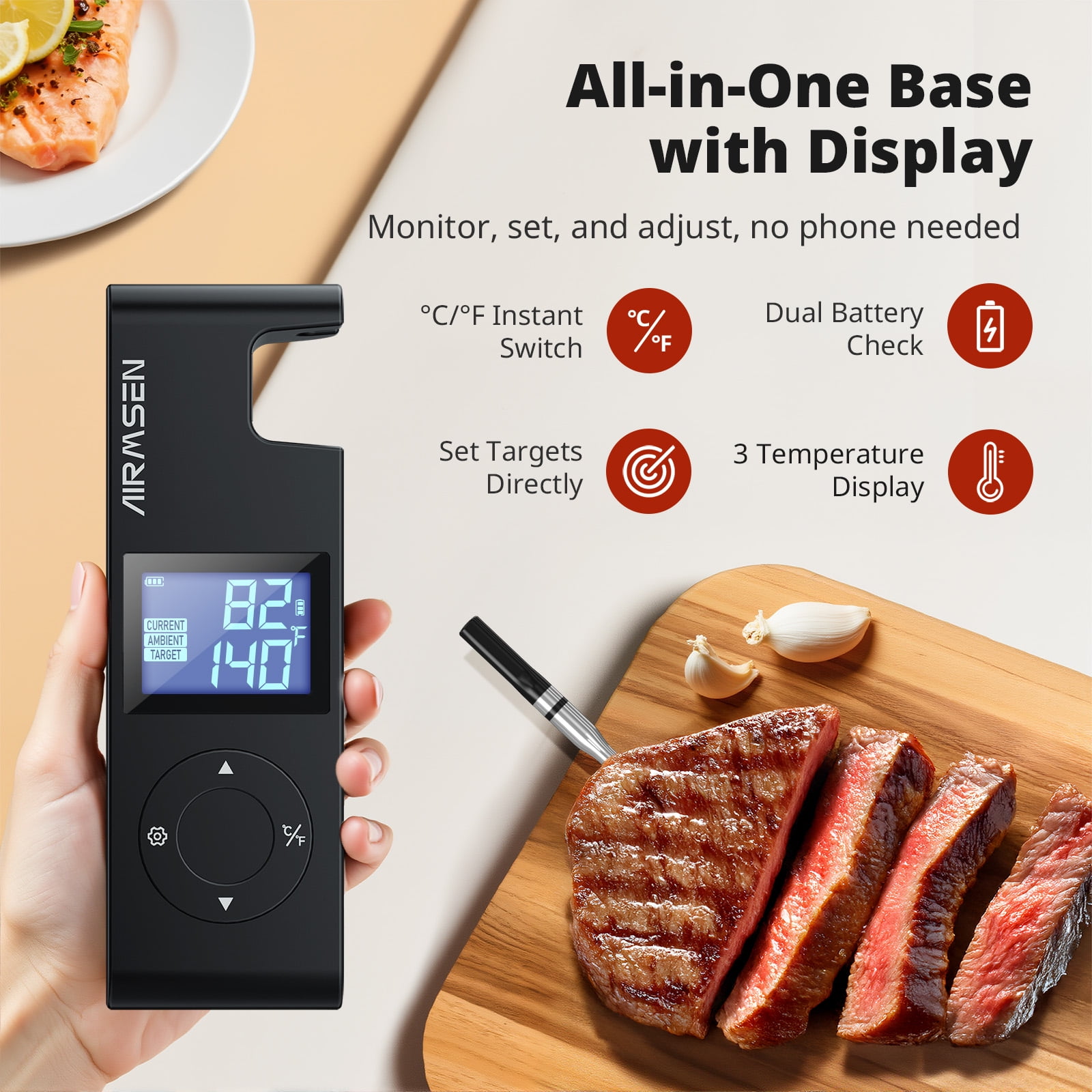 AIRMSEN 600FT Wireless Meat Thermometer, Bluetooth 5.4 Digital Food Cooking Thermometer with Standalone Base, 72H Battery & 20-Min Meat Probe, for Oven, Smoker, Grill, BBQ, and Rotisserie