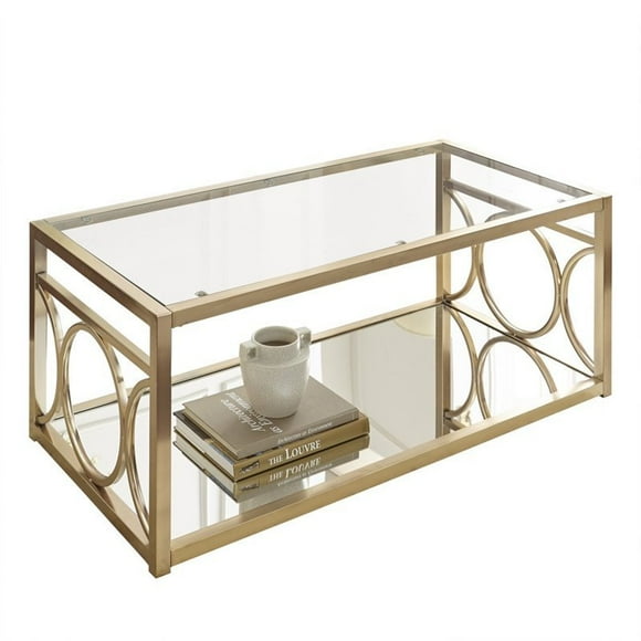 Steve Silver Co. Olympia Glass Top Coffee Table with Mirrored Bottom Shelf, Gold Chrome