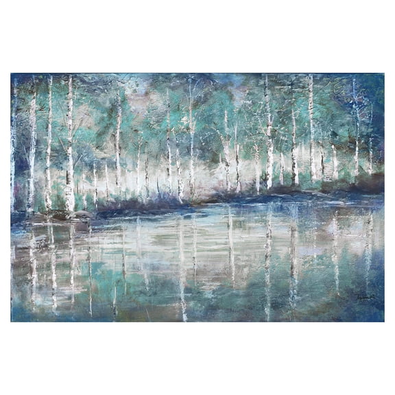 Modern Teal and Blue Tree Lined Abstract Adult Decor; 1- 18" x 12" Unframed Print