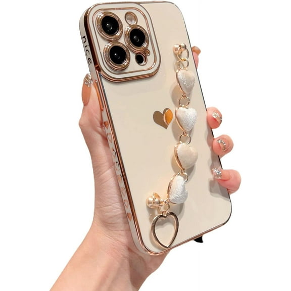 for iPhone 15 Pro Max 5g 6.7" Phone Case, Luxury Heart Bracelet Strap Plated Cute Love Hearts Cover with Hearts Hand Chain for Women Camera Protection Shockproof Bumper(Black)