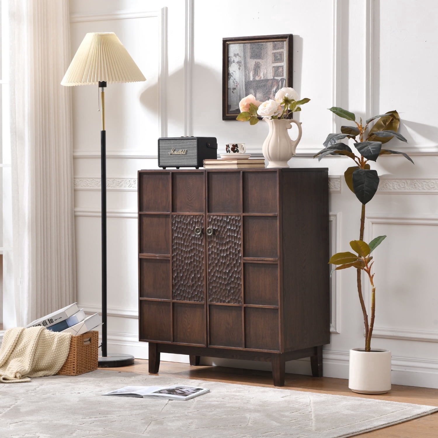 Alina Mid-Century Boho Medium Oak Finished Wood and Rattan 2-Door
