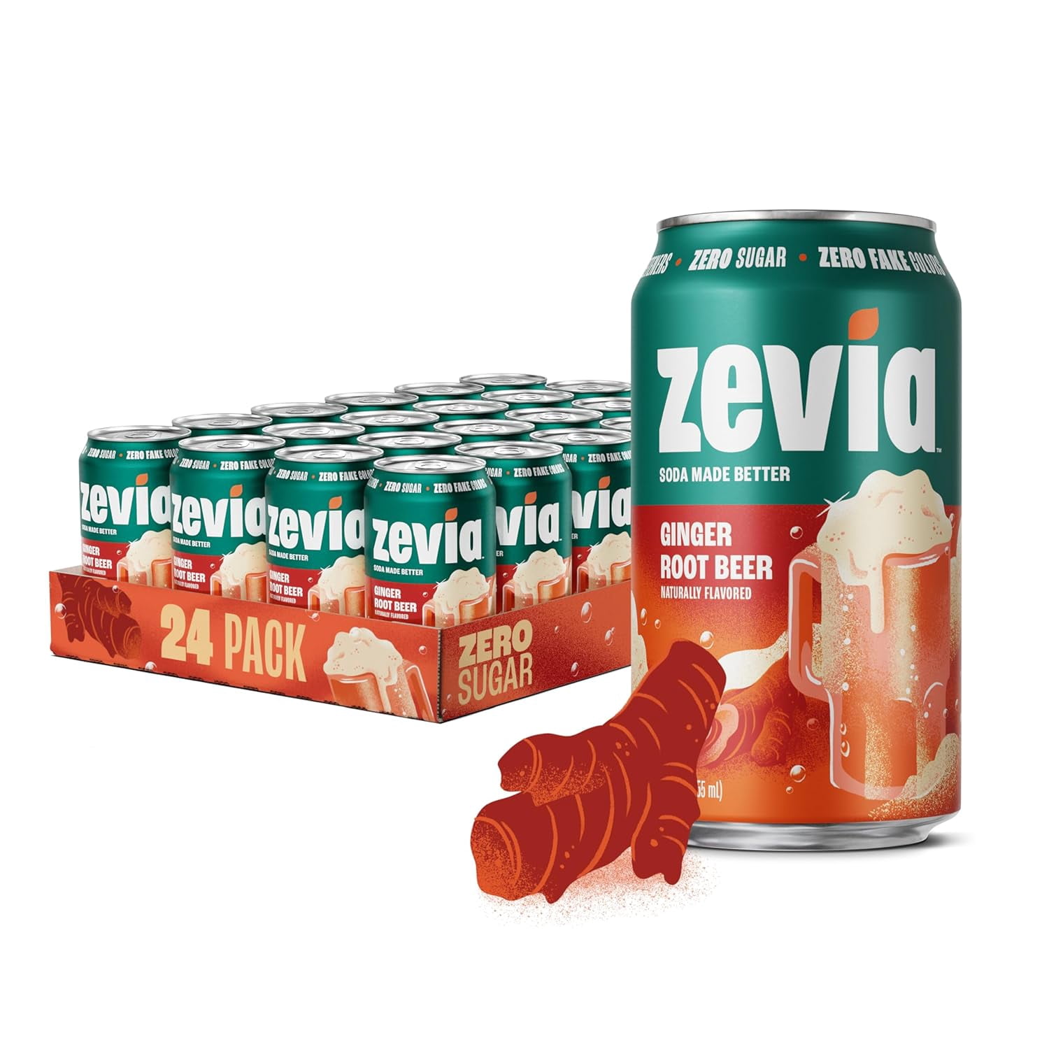 Pack Of 4) Zevia Soda Root Beer Ginger 72 Fl Oz, (6 Cans per Pack