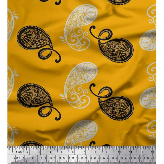 Soimoi Gold Rayon Crepe Fabric Black Sketch Paisley Printed Craft Fabric by the Yard 46 Inch Wide