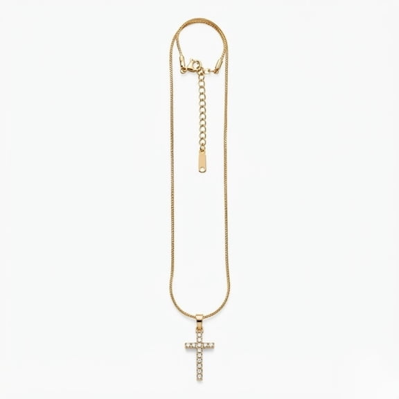 Kerinzo - Gold Tone Cross Pendant Necklace with Crystal Accents, Adjustable Box Chain, Lobster Clasp, Women’s Fashion Jewelry