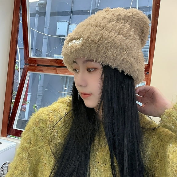 Idoravan Beanie Hats for Women Winter, Women's Fashion Winter Hat Thickened Cold Warm Ear Protection Plush Hat Windproof Cap Knitted Wool Hat Khaki